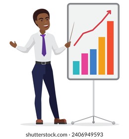 Black businessman takes presentation. African office worker shows business results cartoon vector illustration