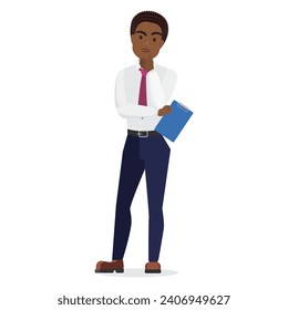 Black businessman in thinking position. African office worker with clipboard cartoon vector illustration