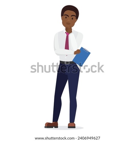 Black businessman in thinking position. African office worker with clipboard cartoon vector illustration