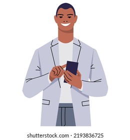 A black businessman is using a mobile phone. A smiling man in a suit holds a device in his hand and touches the screen with his finger. Entering text, scrolling the page in the browser. Flat vector.