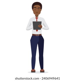 Black businessman using tablet. African male office worker cartoon vector illustration