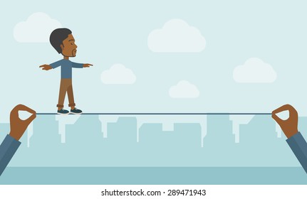 A black businessman walking on wire stretched by two hands balancing himself to achieve his goal in marketing. Determination and great achievement concept. A Contemporary style with pastel palette