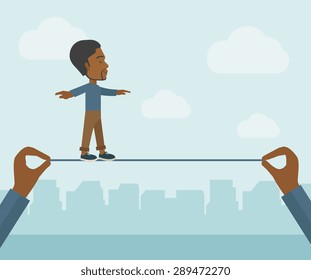 A black businessman walking on wire stretched by two hands balancing himself to achieve his goal in marketing. Determination and great achievement concept. A Contemporary style with pastel palette