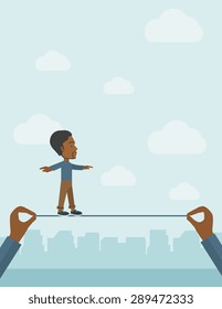 A black businessman walking on wire stretched by two hands balancing himself to achieve his goal in marketing. Determination and great achievement concept. A Contemporary style with pastel palette