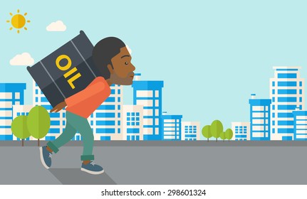 A black businessman walking while carrying a heavy barrel of oil for delivery. A Contemporary style with pastel palette, soft blue tinted background with desaturated clouds. Vector flat design