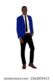 Black businessman wearing formal office outfit. Attractive african american man standing in suit and tie. Male cartoon character outline Vector illustration isolated on white background.