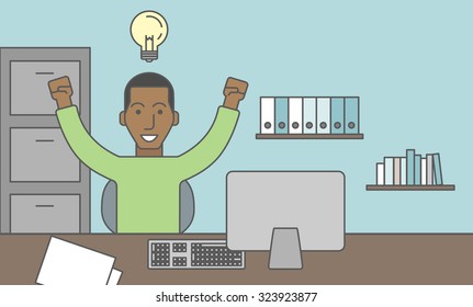 A black businessman working at the office with light bulb over his head. Successful business concept. Vector line design illustration. Horizontal layout with a text space.