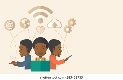 Un hombre de negocios negro que usa diferentes tipos de tecnología moderna con internet wifi, bombilla, nube con símbolo de descarga, global y equipo en la foto. Concepto de negocio. Un estilo contemporáneo con