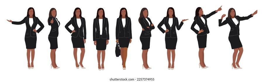 Juego de personajes Black Businesswoman. Joven atractiva mujer afroamericana con poses diferentes. Chica bonita con traje de negocios formal. Ilustración vectorial realista aislada.