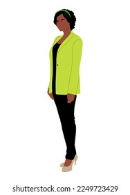 Black Businesswoman character vector illustration isolated on white background. Female african american, latin office worker in formal outfit - black pants, green jacket, standing side view.