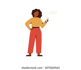 Black businesswoman chatting on a smartphone. Happy freelancer or office female working remotely use a mobile. African girl looking at the phone and typing the message. Vector illustration