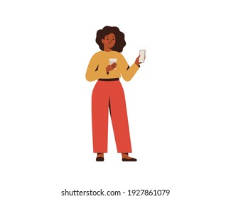 Black businesswoman chatting on the smartphone and drinks coffee. Young dark skin female checks social media on her mobile. Flat vector illustration. 