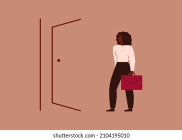 Black Businesswoman chooses her career path. Unemployed African American female stands in front of the open door and thinks about her future job. Concept of finding employment.  Vector illustration