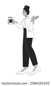 Black businesswoman holding coffee cup while gesturing black and white 2D line character. Corporate professional african american woman isolated vector outline person. Monochromatic spot illustration