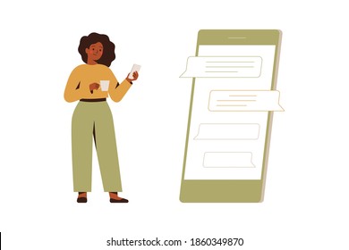 Black businesswoman holds smartphone and chats in messenger or social network with friends or colleagues. Young dark skin female stands near a big mobile. Flat vector illustration. 