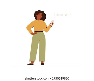 Black businesswoman listens to the voice message on a mobile phone. African American female entrepreneur communicates by an audio chat with colleagues. Vector illustration