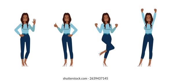Black businesswoman with long wavy hair wear blue shirt character vector illustration design set. Women express positive emotions happiness, pride, joy.