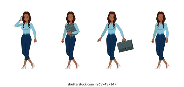 Black businesswoman with long wavy hair wear blue shirt. Women working and walking flat character vector illustration design set.