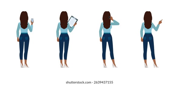 Black businesswoman with long wavy hair wear blue shirt. Women working and talk on phone flat character vector illustration design set.