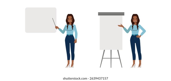 Black businesswoman with long wavy hair wear blue shirt. Women working and doing a presentation flat character vector illustration design set.
