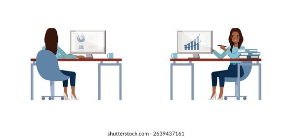 Black businesswoman with long wavy hair wear blue shirt. Women sitting and working with computer flat character vector illustration design set.