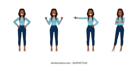 Black businesswoman with long wavy hair wear blue shirt character vector illustration design set. Women with negative emotions.