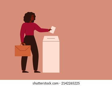 Black Businesswoman Putting Election Ballot Into Box On Voting Station. African American Female Voter. Vector Illustration