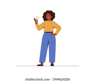 Black businesswoman shows ok sign completing the project. Successful African female entrepreneur satisfied with the result of her work. Vector illustration