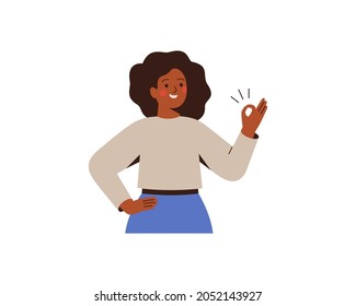 Black businesswoman shows ok sign completing the project. Successful African female entrepreneur satisfied with the result of her work. Vector illustration