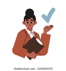 Black businesswoman shows ok sign completing the project. Successful African female entrepreneur satisfied with the result of her work. Flat vector illustration isolated on white background
