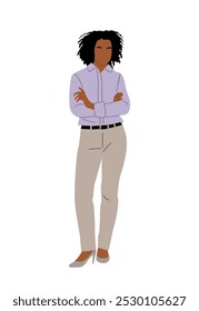 Empresária negra de pé em pose confiante com os braços cruzados. Mulher muito afro-americana vestindo roupa de escritório casual inteligente. Caractere vetorial ilustração colorida isolada em fundo branco