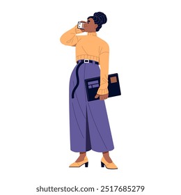 Black businesswoman talks by phone call. Fashion young business woman communicates by smartphone. Girl in stylish trousers holds laptop in hand. Flat isolated vector illustration on white background