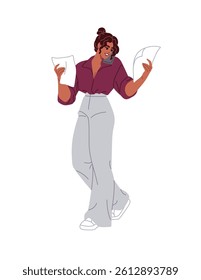 Black businesswoman talks on the smartphone, looking through documents. Multitasking business woman communicates by phone call and checks papers, report. Flat isolated vector illustration on white
