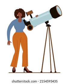 Black businesswoman with a telescope. Characters wearing business casual clothing searching for new perspective and opportunity. Flat vector illustration