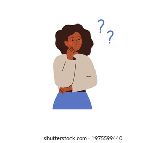 Black businesswoman thinks about something and looks at question marks. Thoughtful African girl makes the decision or explains some things for herself. Vector illustration 