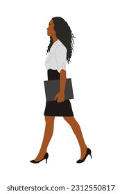 Black Businesswoman walking. African american pretty woman in formal office outfit, skirt and white shirt with document folder side view. Vector realistic illustration isolated on white background