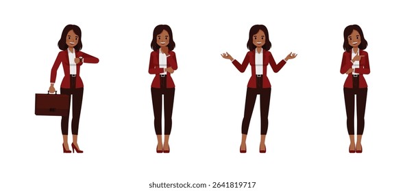 Black businesswoman wear red suit character vector illustration design set. Women thinking and holding briefcase.