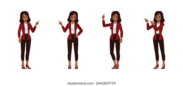 Black businesswoman wear red suit character vector illustration design set. Women point finger.