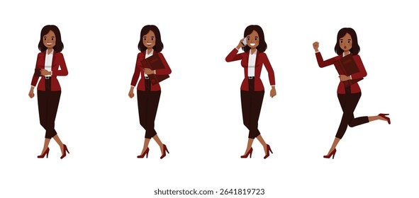 Black businesswoman wear red suit character vector illustration design set. Women running and walking.