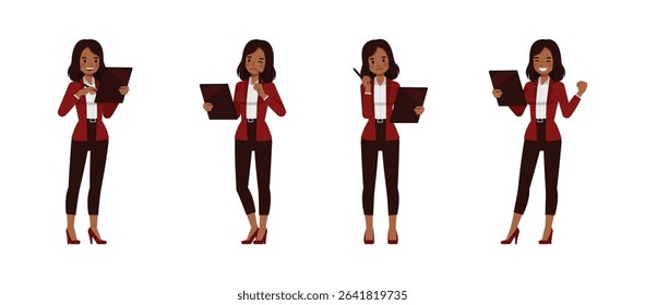 Black businesswoman wear red suit character vector illustration design set. Women working and holding file.