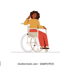 Black businesswoman in a wheelchair makes a greeting gesture. Young dark skin disabled girl in casual clothes sits in wheelchair and waving hand. Flat cartoon vector illustration.