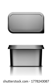 Black butter, cheese or margarine container with lid mockup - front and top view. Blank plastic food package: cream, yogurt, dessert, spread. Product template. Isolated 3d vector illustration