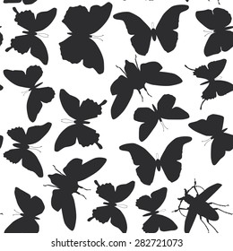 black butterflies cicada set isolated silhouette seamless pattern on white background. Vector