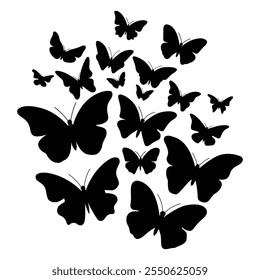 Black butterflies collection. Silhouettes, isolated on white background. Vector illustration.