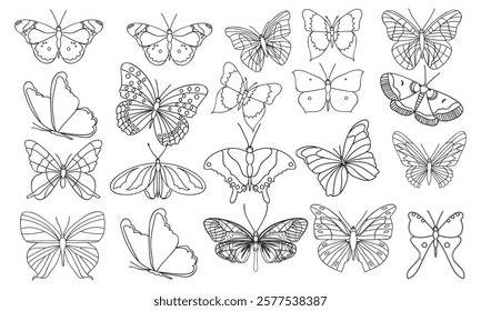 Black butterflies Decorative butterfly silhouettes winged insect sketch elements for tattoo design vintage scrapbook or wallpaper decor Vector isolated set