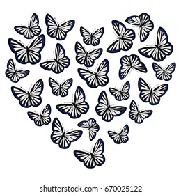 Black Butterflies heart, isolated on a white. Stock vector illustration.