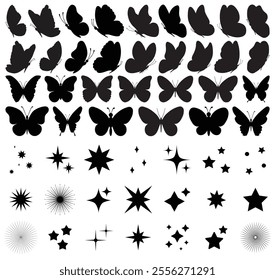 Black butterflies on white background, collection of silhouettes. Butterfly black, flying shape, vector design. Abstract modern butterfly contours for decoration design. Sparkle icons, star shape 