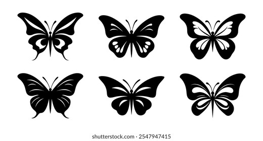 Black butterflies set. Can be used as icon, sign or symbol - butterfly silhouette. Vector illustrations isolated on white background. Simple black butterfly logo, logotype.