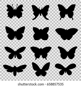 Black butterflies set on transparent background. Collection of isolated vector silhouettes