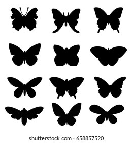 Black butterflies set on white background. Collection of isolated vector silhouettes